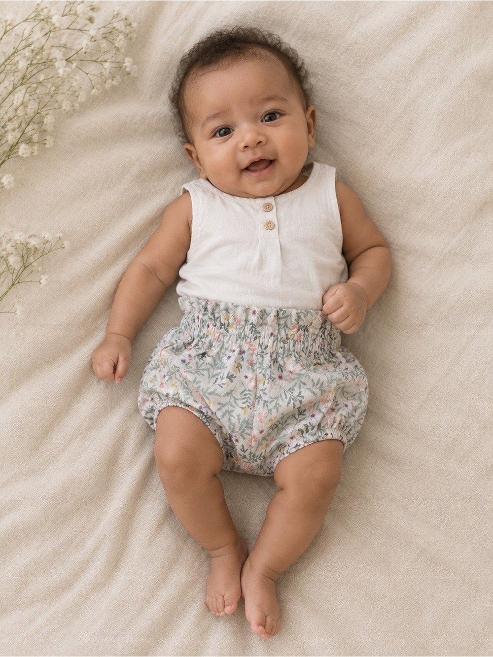 Floral Baby Bloomers - Light Cream with Pink & Green Print 3-6 Months